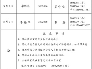 MG冰球突破官网网站（相山校区）学校办公室2015年劳动节假期间值班表